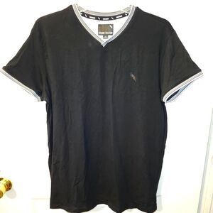 Stone Falcon Shirt Mens Black & White  Stretch Casual V-Neck T Shirt Large (A67)